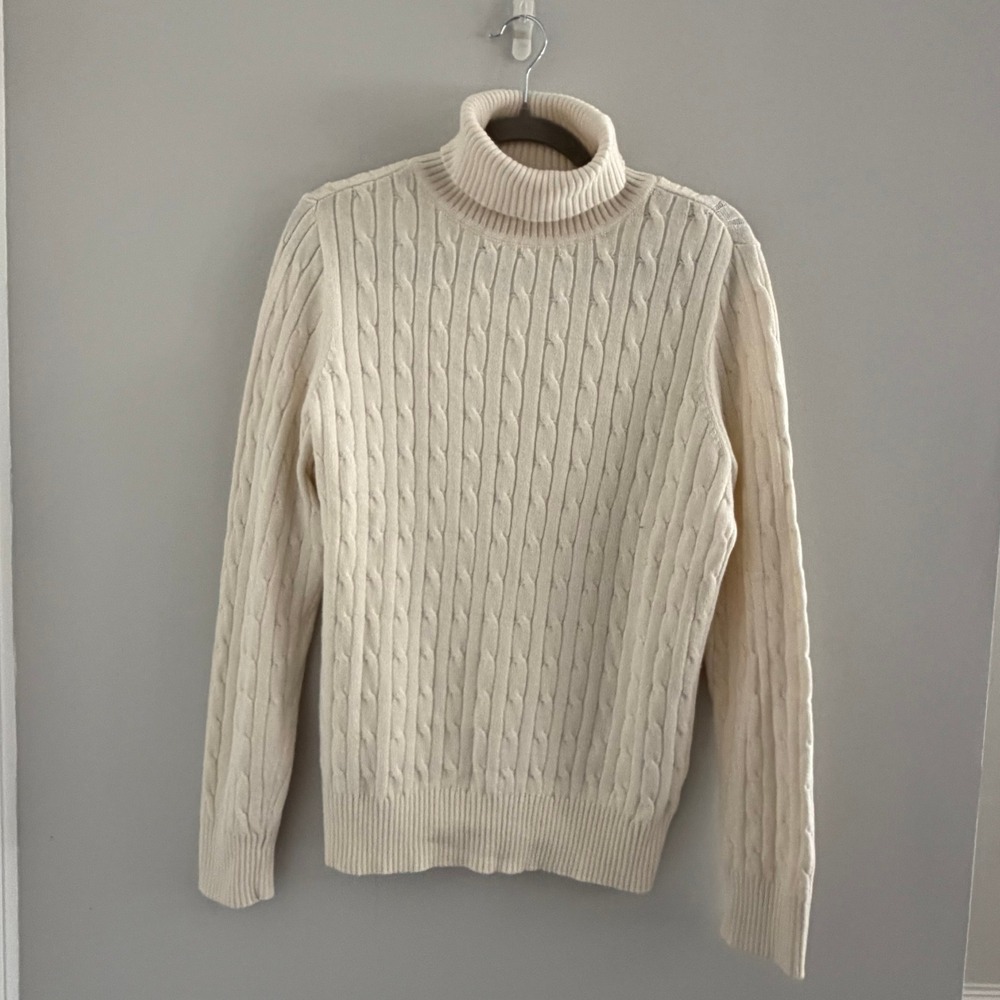 St. John's Bay Cream Cable Knit Turtleneck Sweater Ivory L Cotton Blend Classic